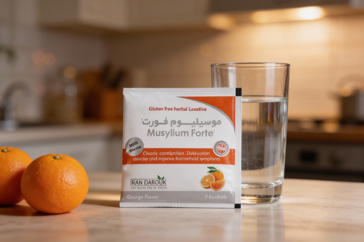 ساشه موسیلیوم فورت در محیط آشپزخانه با میوه های تازه